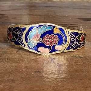 Vintage Butterfly & Floral Cloisonné  Hinged Cuff Bracelet